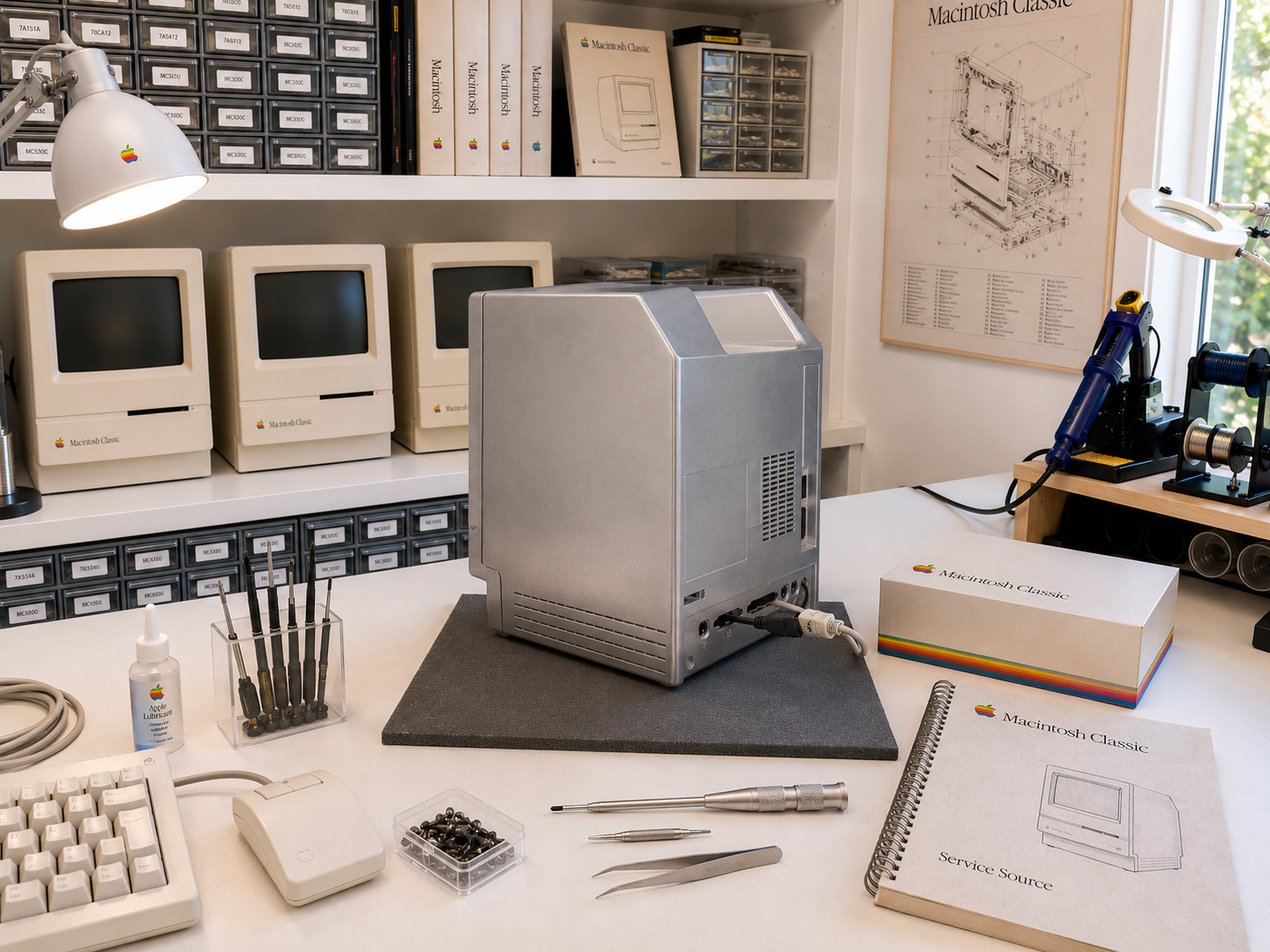 Macintosh Classic III version chrome, boîtier retourné, vue arrière