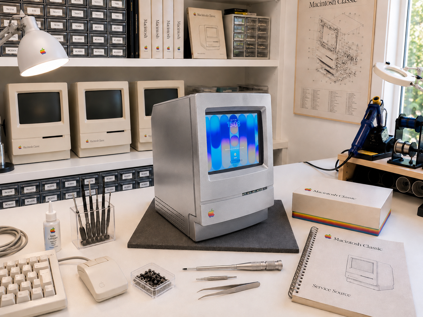 Macintosh Classic III version chrome, écran connecté en HDMI